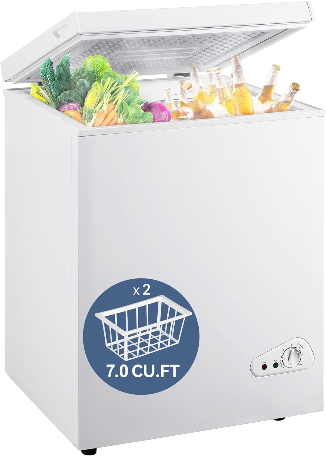 7.0 Cu Ft Chest Freezer - Energy Efficient & Quiet Mini Freezer with Adjustable Thermostat - Compact Deep Freezer for Home, Apartment, and Garage - Removable Basket & Defrost Drain