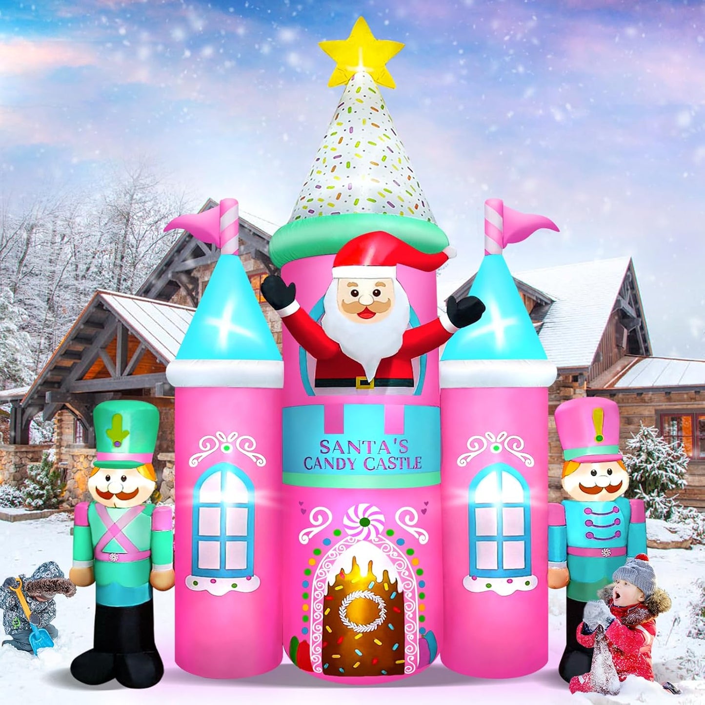 10-foot inflatable Christmas candy castle toy, equipped with Santa Claus, puppets and LED lights, suitable for decoration in gardens, lawns and flower beds.