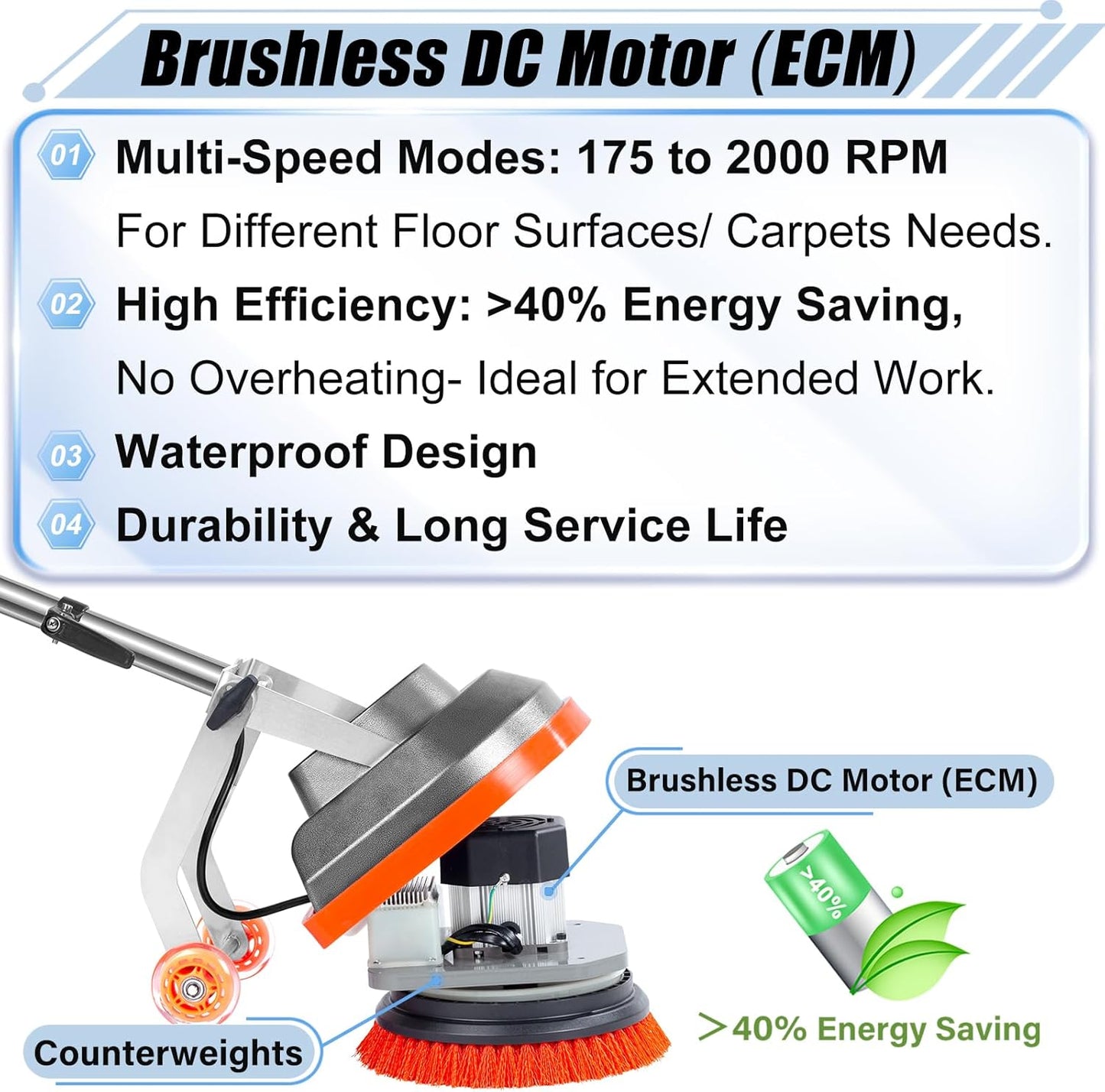 Commercial Floor Scrubber Machine with Brushes and Pads, Heavy Duty Floor Buffer Polisher and Cleaner- Deep Cleaning Tile and Grout, Hardwood Floors and Carpets without Getting on Hands and Knees