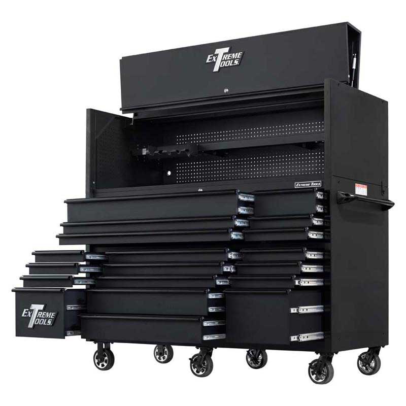 EXTREME TOOLS 72" RX SERIES 19-DRAWER 25" DEEP ROLLER CABINET W/HUTCH, 150 LB SLIDES - MATTE BLACK W/BLACK HANDLES