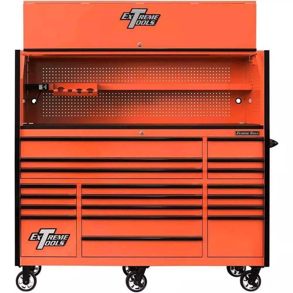 EXTREME TOOLS RX SERIES 55" 12-DRAWER ROLLER WITH HUTCH - ORANGE W/BLACK DRAWER PULLS