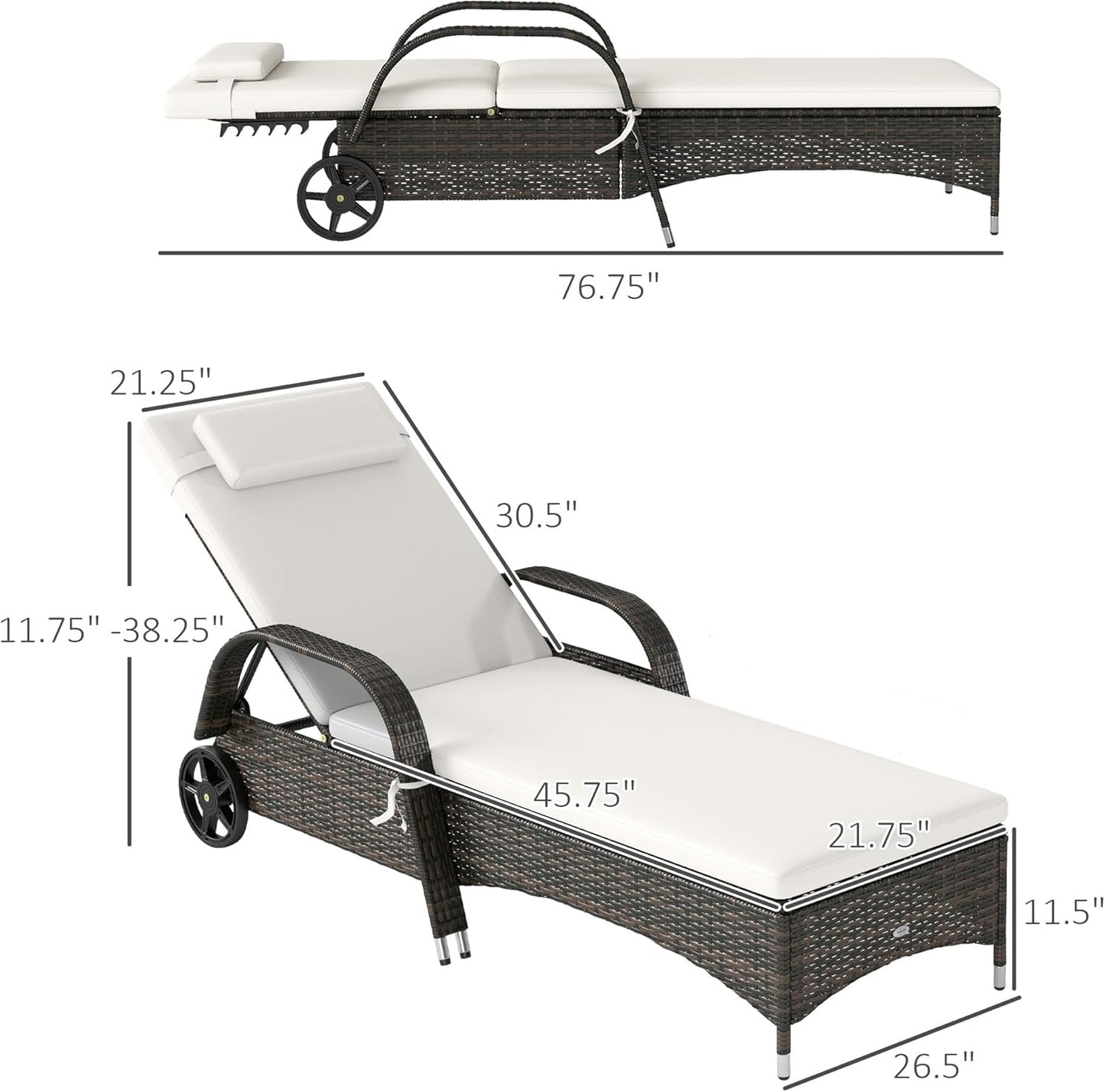 Wicker Outdoor Chaise Lounge, 5-Level Adjustable Backrest PE Rattan Pool Lounge Chair with Wheels, Cushion & Headrest, Brown and Dark Blue