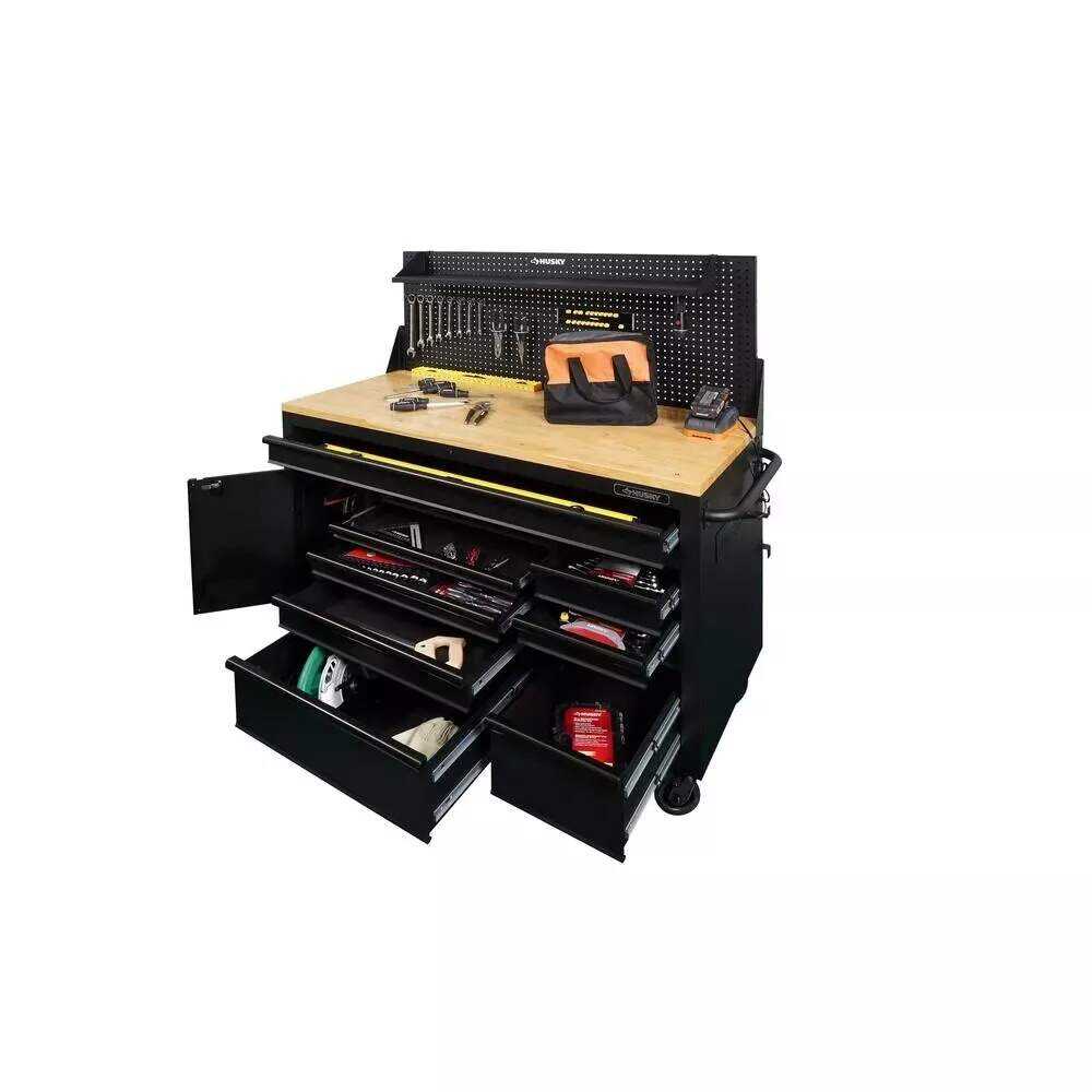 Husky 61 in. W x 26 in. D Heavy Duty 10-Drawer 1-Door Mobile Workbench with Hardwood Top