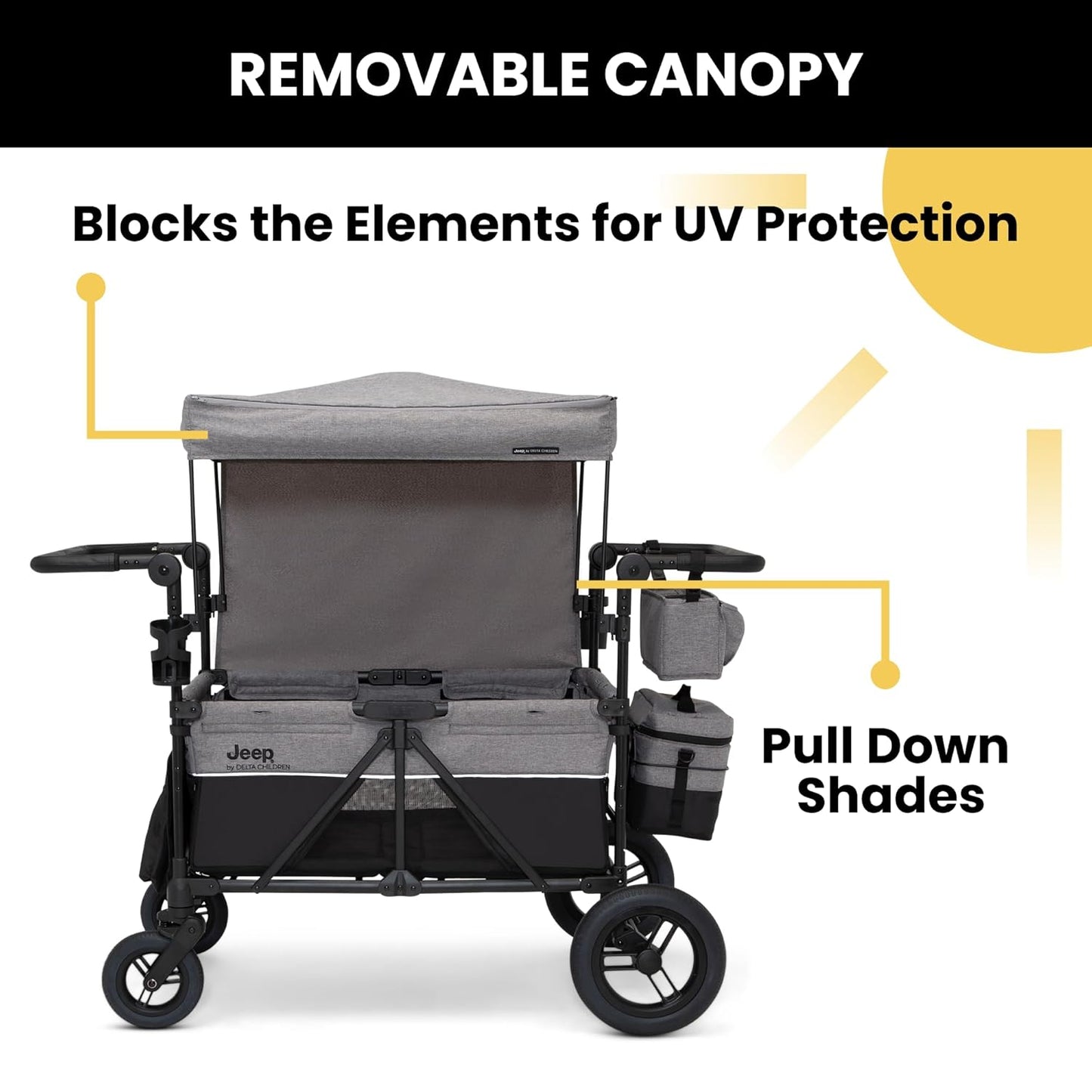 Luxurious 4-seater children's stroller - A high-end 4-seater children's stroller specially designed for 4 children, equipped with convertible seats, adjustable push-pull handles, detachable sunshade, and flat folding device. The color is grey.
