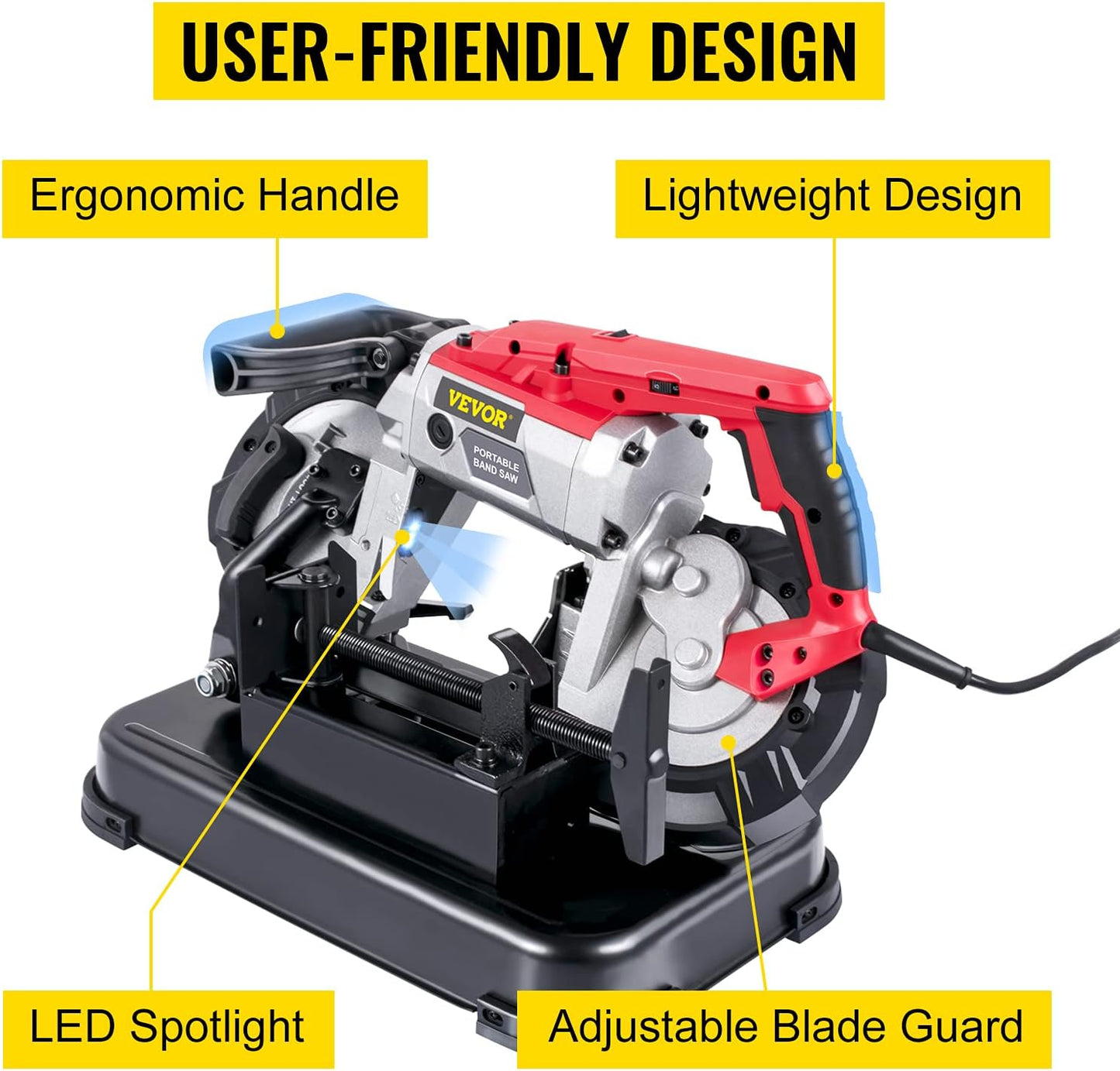 Portable Band Saw, 110V Removable Alloy Steel Base Corded Band Saw, 5 Inch Cutting Capacity Hand held Band Saw,Variable Speed Portable Bandsaw, 10Amp Motor Deep Cut Band saw for Metal Wood