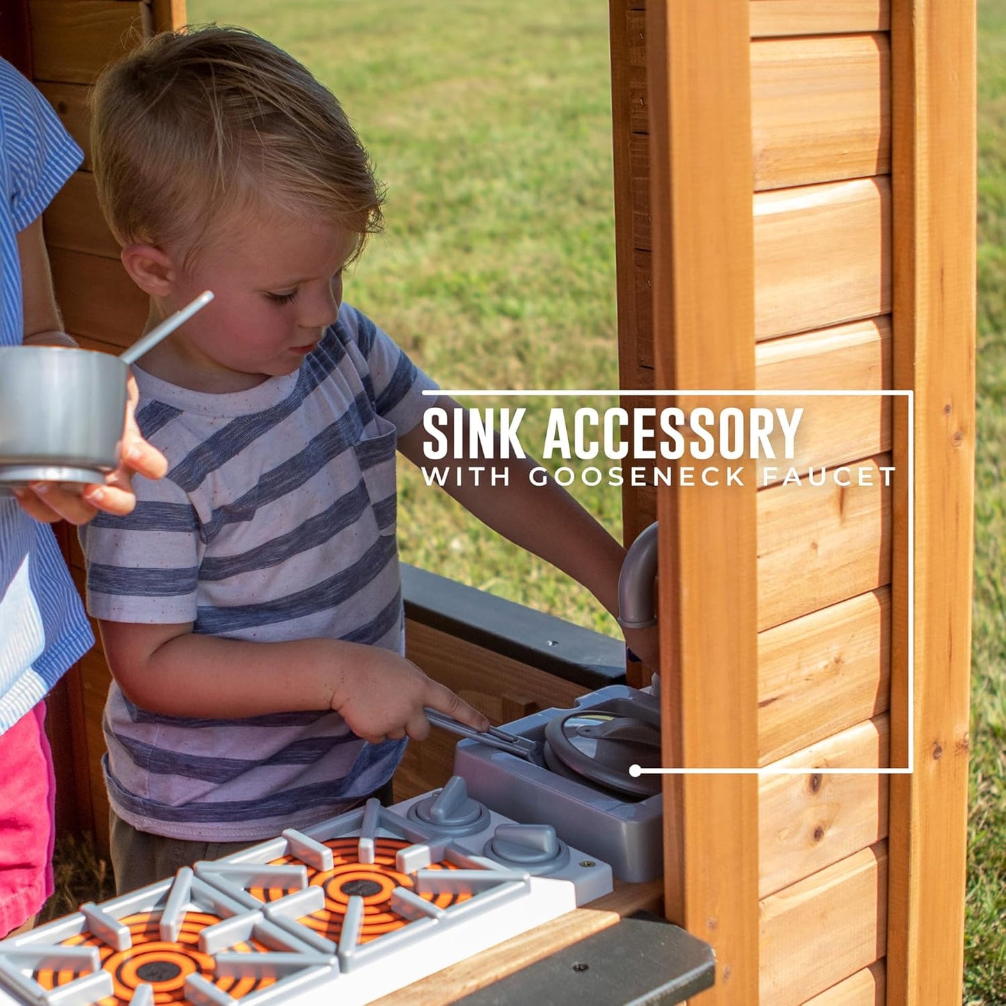 Children's playhouse cabin, equipped with a game kitchen, snack bar, half-door, toy phone, windows, flower pot stand and an operable doorbell, suitable for creative outdoor games.