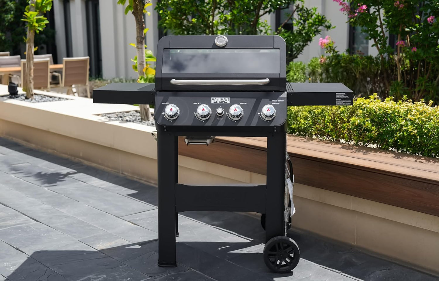 Grills 4-Burner Liquid Propane Gas Grill, Silver Stainless Steel Grill Outdoor Patio Garden Barbecue Grill with Clearview庐 Lid and One Foldable Shelf, Mesa400MF
