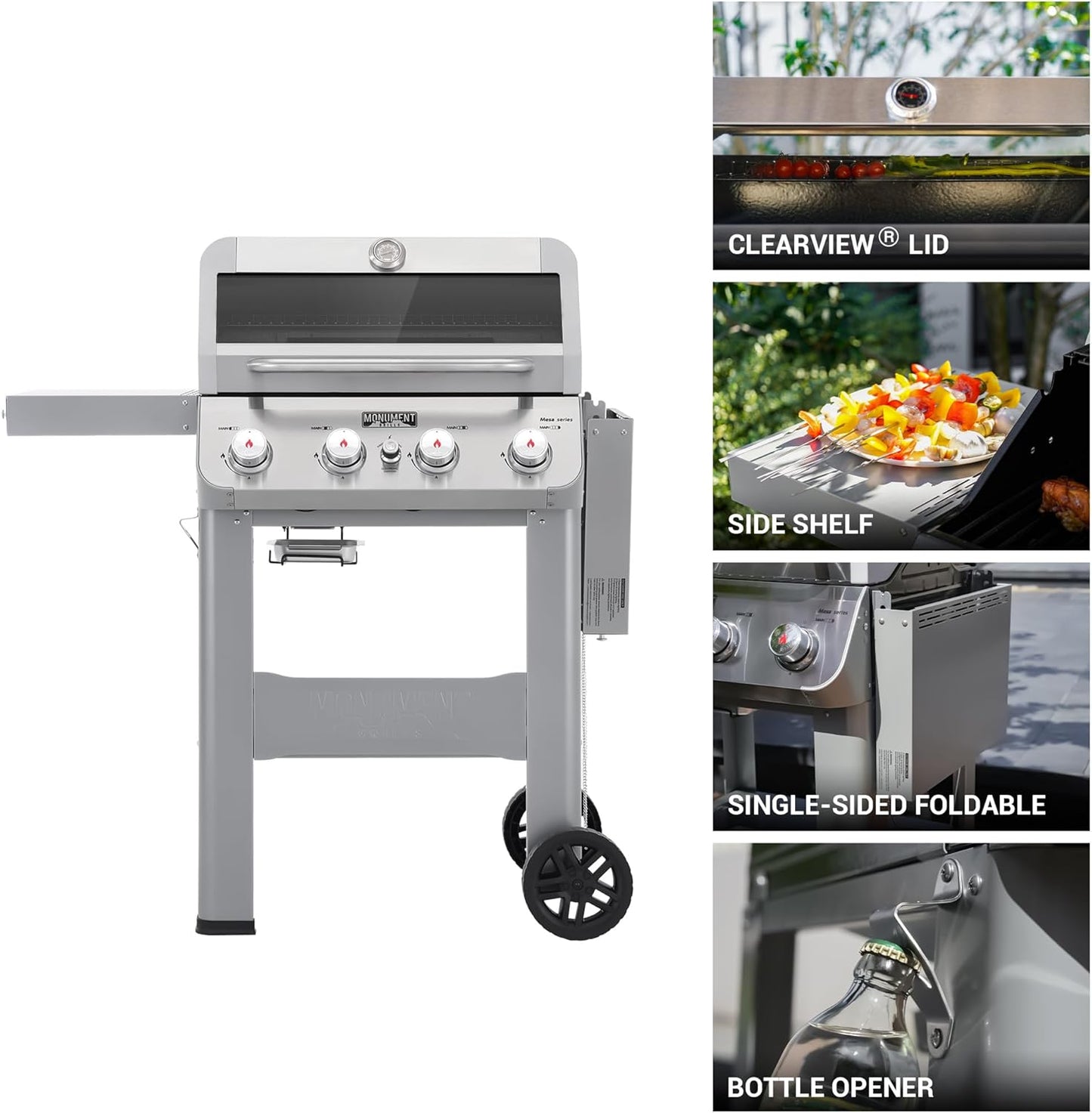 Grills 4-Burner Liquid Propane Gas Grill, Silver Stainless Steel Grill Outdoor Patio Garden Barbecue Grill with Clearview庐 Lid and One Foldable Shelf, Mesa400MF