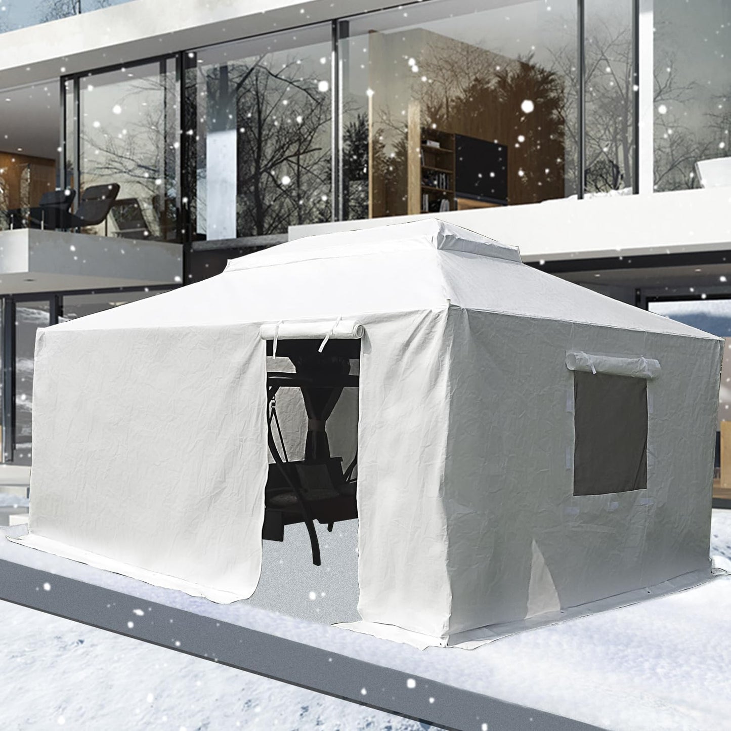 12 feet x 16 feet universal winter awning cover, all-weather waterproof enclosure cover for all four seasons, with side walls and ventilated mesh windows, suitable for all-weather outdoor covers for hard-top awnings, white version