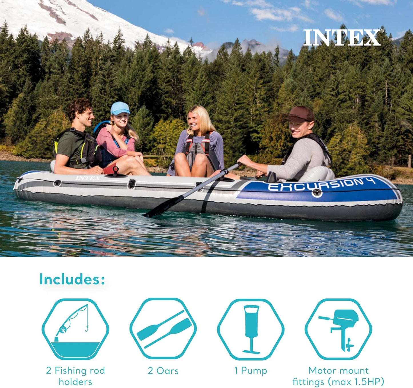 Excursion Inflatable Boat Series: Includes Deluxe 54in Boat Oars and High-Output Pump �� SuperTough PVC �� Adjustable Seats with Backrest �� Fishing Rod Holders �� Welded Oar Locks