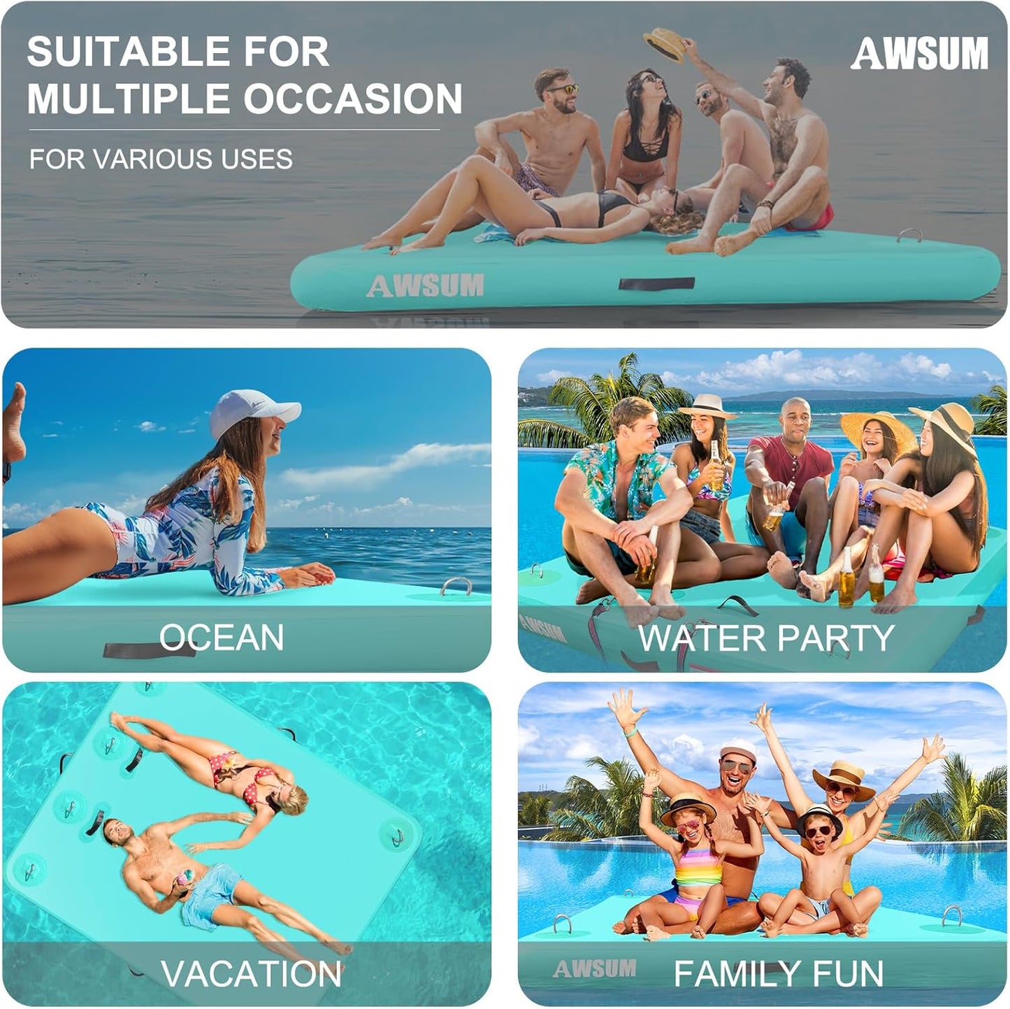 Inflatable Floating Dock Air Dock Platform Floating Island Raft with None-Slip Surface for Pool Beach Ocean