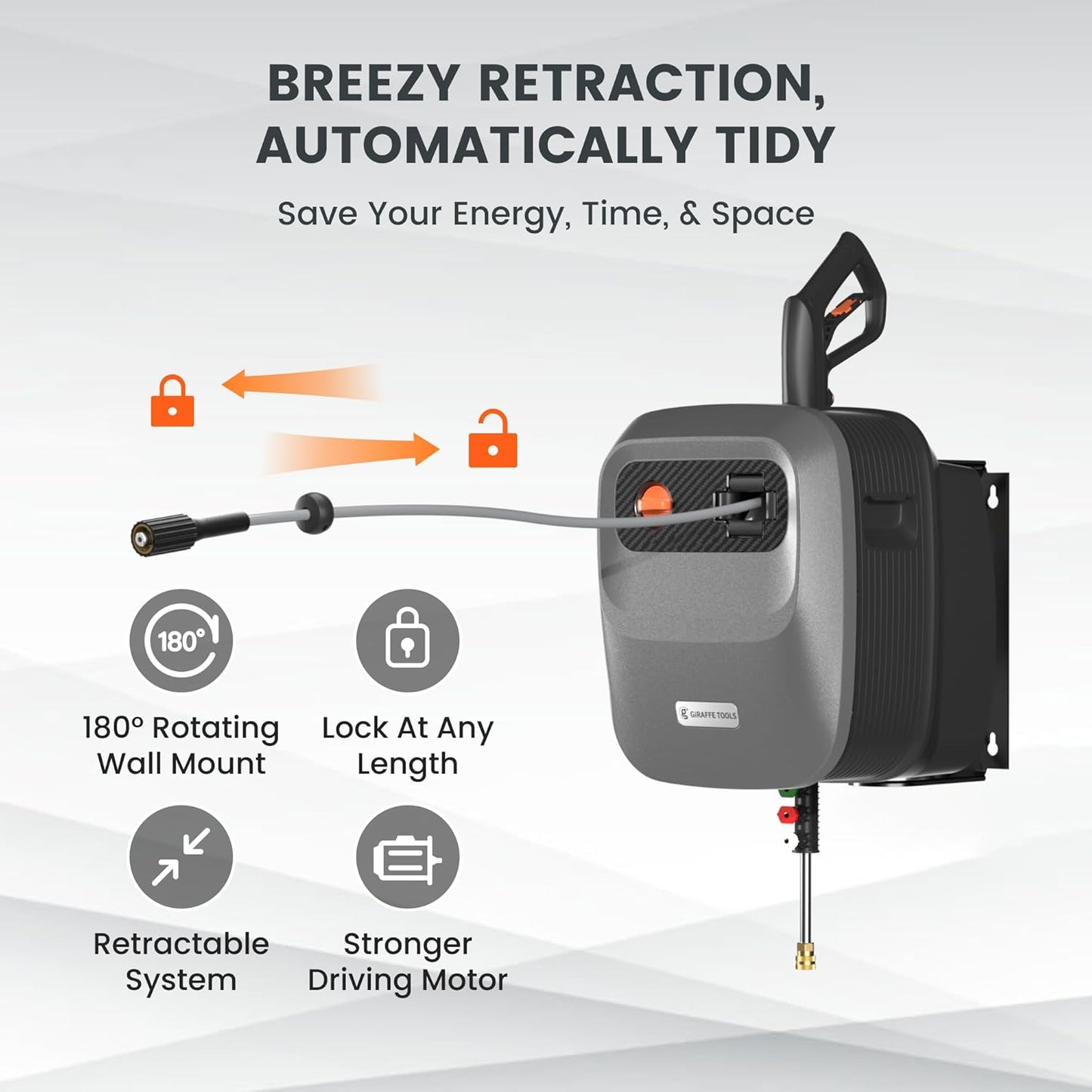 Pressure Washer G20 Pro, 2500 PSI 2.2 GPM, 180掳 Wall Mounted Power Washer, Auto-retract with 65FT Hose Reel, 5 Nozzles for Floor/Cars/Fences/Patios, Dark Silver