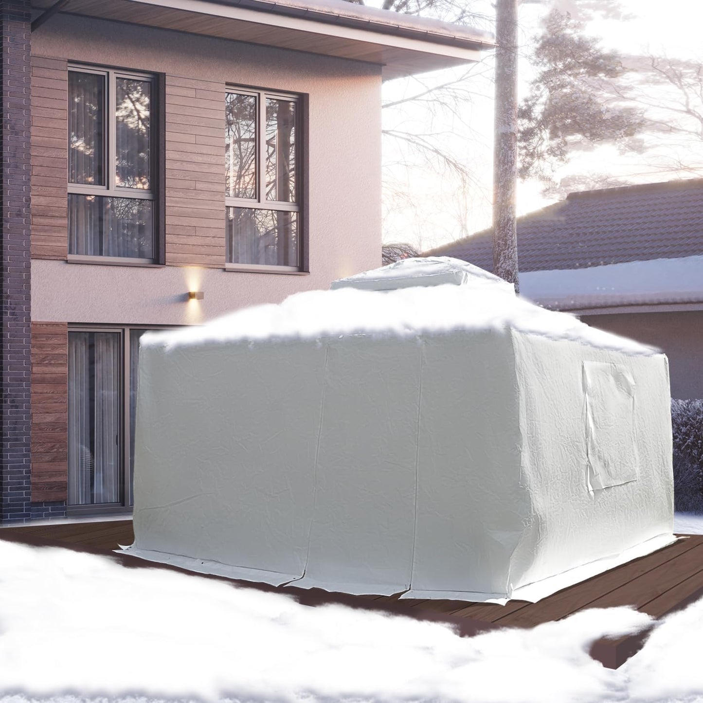 12 feet x 16 feet universal winter awning cover, all-weather waterproof enclosure cover for all four seasons, with side walls and ventilated mesh windows, suitable for all-weather outdoor covers for hard-top awnings, white version