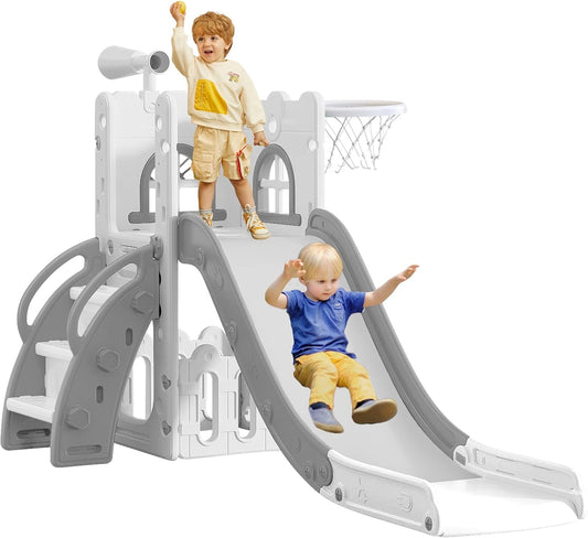 6 in 1 Toddler Slide for Toddler Age 1-3,Kids Climber Slider for Indoor Outdoor Playground with Basketball Hoop,Storage and Telescope,L Shaped Slide for Toddler Climber Playset