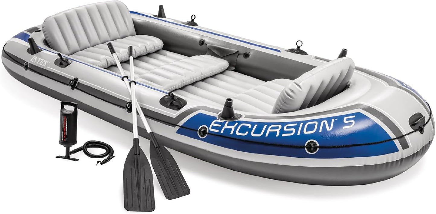 Excursion Inflatable Boat Series: Includes Deluxe 54in Boat Oars and High-Output Pump �� SuperTough PVC �� Adjustable Seats with Backrest �� Fishing Rod Holders �� Welded Oar Locks