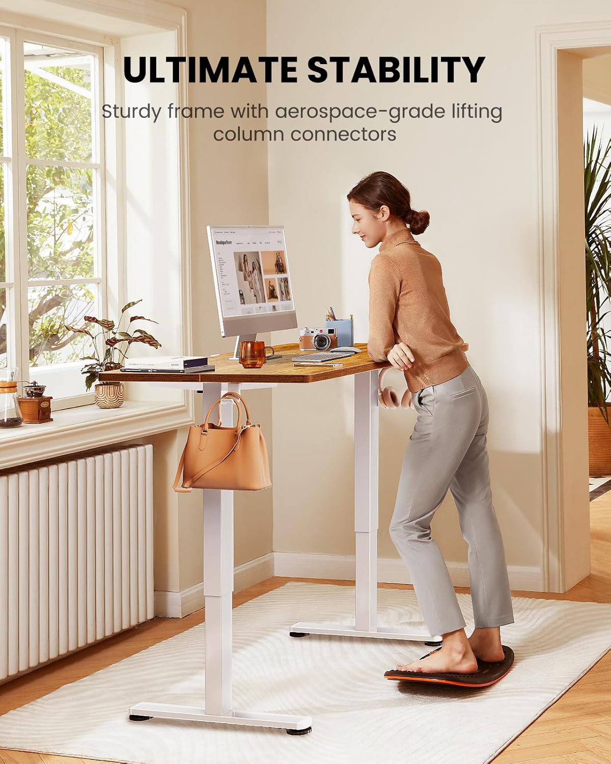 Height Adjustable Electric Standing Desk, 40 x 24 Inches Sit Stand up Desk, Small Memory Computer Home Office Desk with Two-Piece Desktop (Light Vintage Brown)