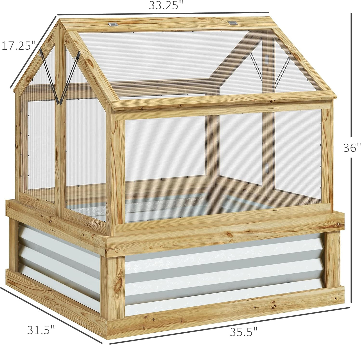 Raised Garden Bed with Polycarbonate Greenhouse, Wooden Cold Frame Greenhouse, Garden Flower Planter Protection, Peak Roof, 35.5" x 31.5" x 36", Natural