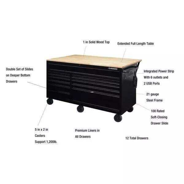 62 IN. 12-DRAWER MOBILE WORKBENCH WITH FULL LENGTH EXT TABLE IN ALL BLACKED OUT