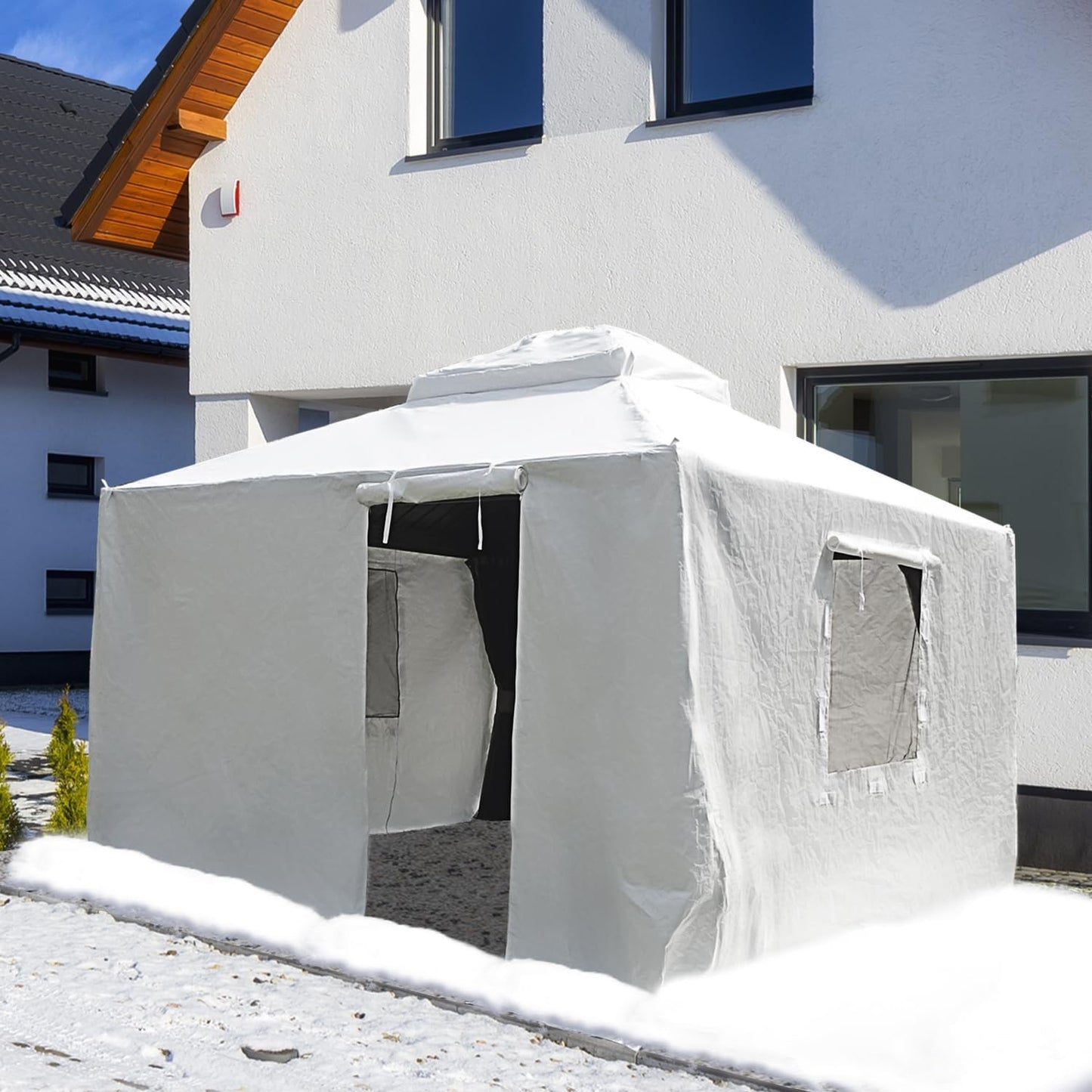 12 feet x 16 feet universal winter awning cover, all-weather waterproof enclosure cover for all four seasons, with side walls and ventilated mesh windows, suitable for all-weather outdoor covers for hard-top awnings, white version