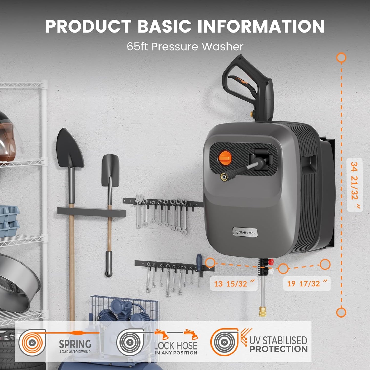 Pressure Washer G20 Pro, 2500 PSI 2.2 GPM, 180掳 Wall Mounted Power Washer, Auto-retract with 65FT Hose Reel, 5 Nozzles for Floor/Cars/Fences/Patios, Dark Silver