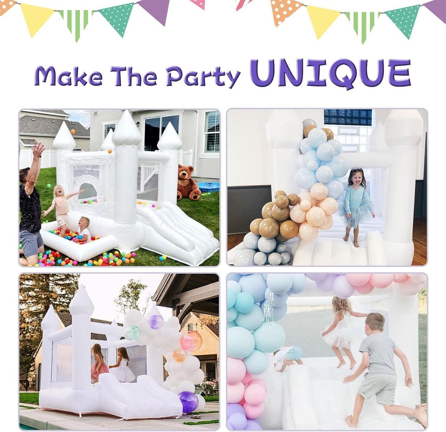 White Bounce House Indoor Outdoor Bouncy Castle for Kids 2-8 Oxford Toddler Bounce House with Slide Balloon & Blower,103 x 71 x 90 inch,Children's Birthday Party Easter Party Gifts