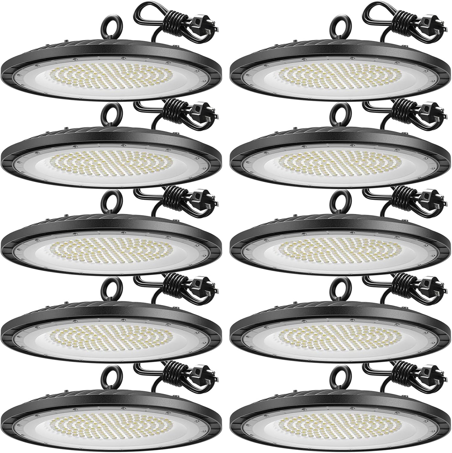 200-watt, 10 sets of UFO lamps, LED ceiling lights, 28,000 lumens, 5000K LED ceiling lights, 5-foot cable, can replace 650-watt metal halide/hot mercury lamps, suitable for gyms, factories, barns and warehouses.