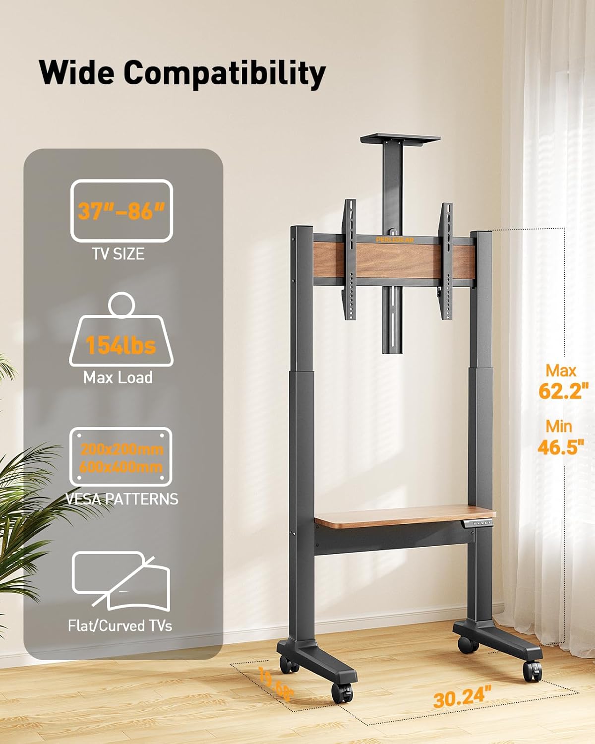 Motorized Mobile TV Stand on Wheels for 37��86 Inch TVs up to 154 lbs, Electric Height Adjustable Rolling TV Stand, VESA 200x200��600x400mm, Wooden Shelf & Panel, PGTVMC26B