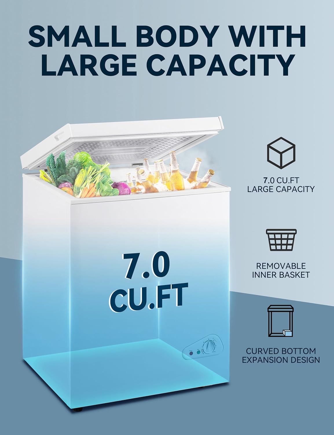 7.0 Cu Ft Chest Freezer - Energy Efficient & Quiet Mini Freezer with Adjustable Thermostat - Compact Deep Freezer for Home, Apartment, and Garage - Removable Basket & Defrost Drain