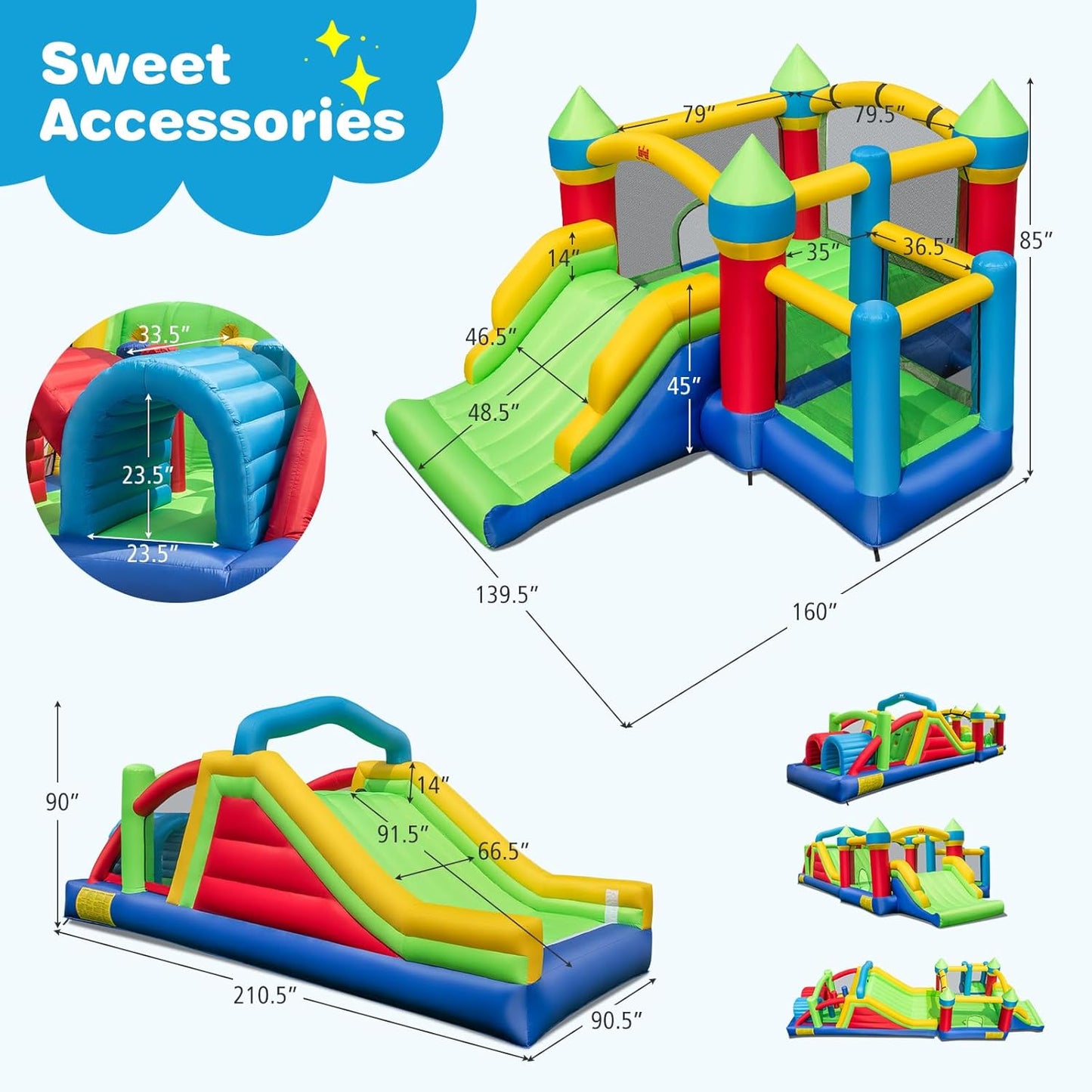 Inflatable Obstacle Course Bounce House, Kids Huge Sectional Bouncy Castle with Dual Slides, Tunnels, Bounce Area, Climbing, Obstacles, Playhouse for Kids Indoor Outdoor Birthday Party Gift
