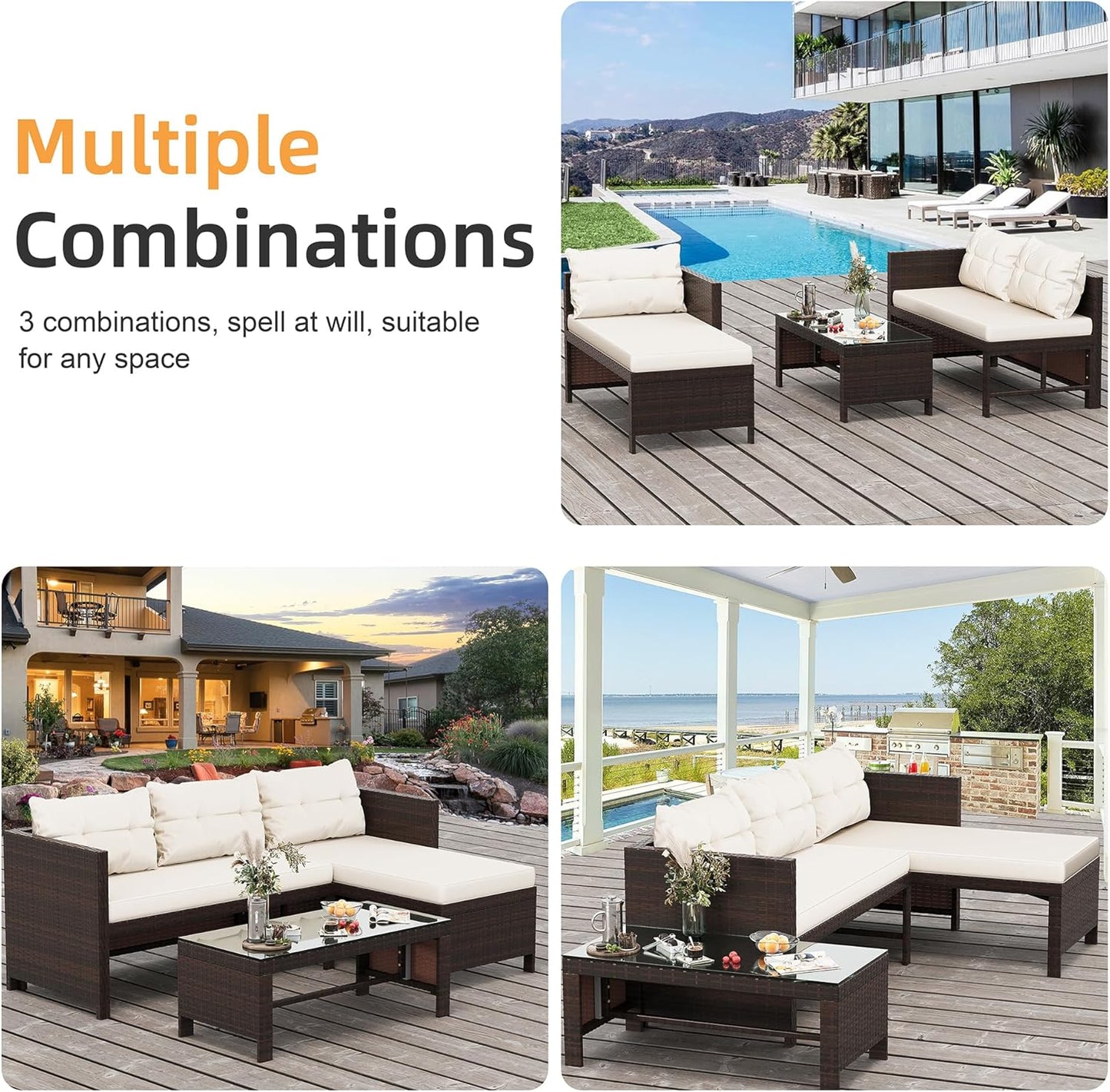 Outdoor Patio Furniture Sets, Wicker Patio sectional Sets 3-Piece, All Weather Wicker Rattan Patio Seating Sofas with Glass Coffee Table and Cushion (Beige)