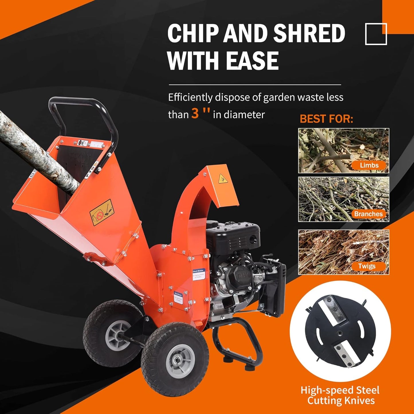 C40 Wood Chipper 4" inch Max Diameter Capacity 9 HP 274cc Gas Powered Engine Heavy Duty Shredder Mulcher