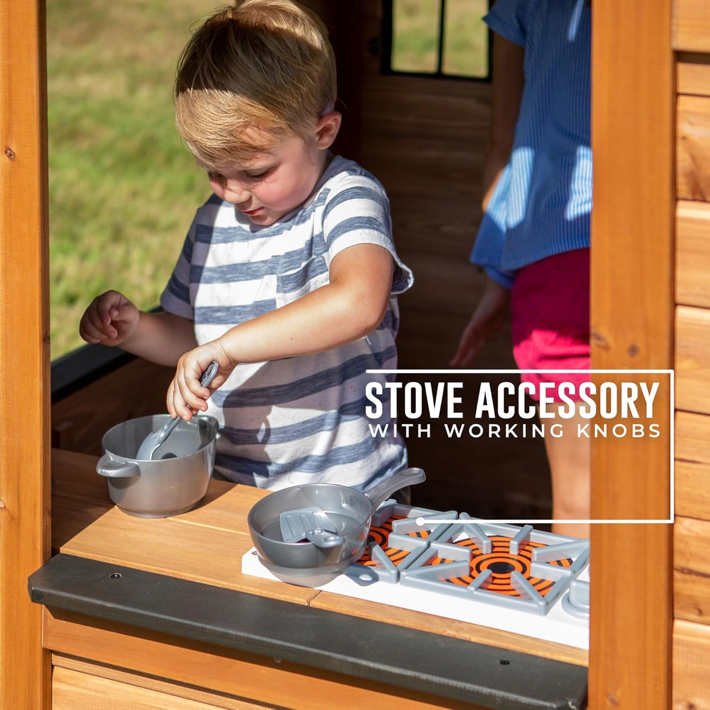 Children's playhouse cabin, equipped with a game kitchen, snack bar, half-door, toy phone, windows, flower pot stand and an operable doorbell, suitable for creative outdoor games.