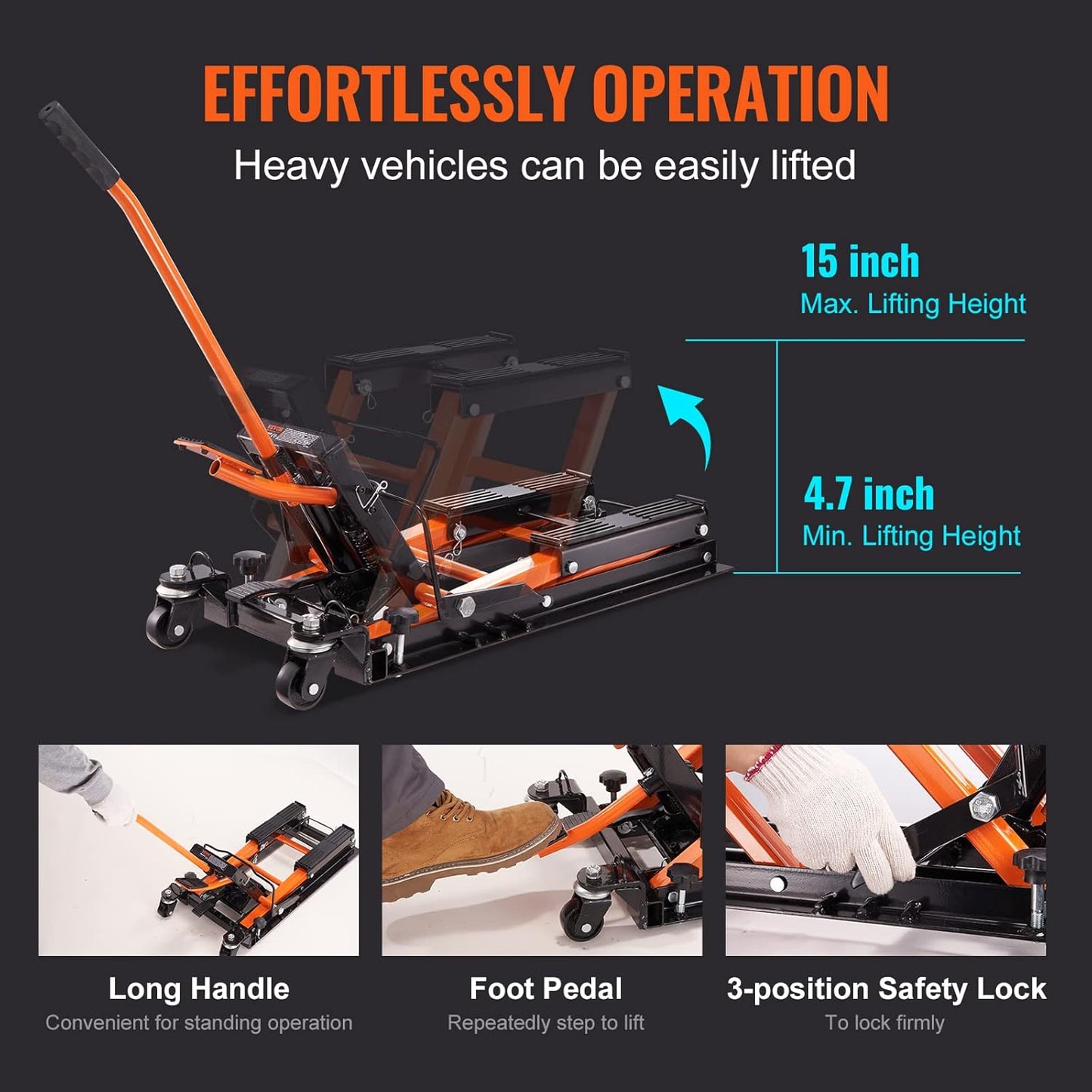 Hydraulic Motorcycle Lift Jack 1500 LBS Capacity ATV Scissor Lift Jack Portable Motorcycle Lift Table with 4 Wheels Hydraulic Foot-Operated Hoist Stand for Motorcycle ATV UTV Powersports