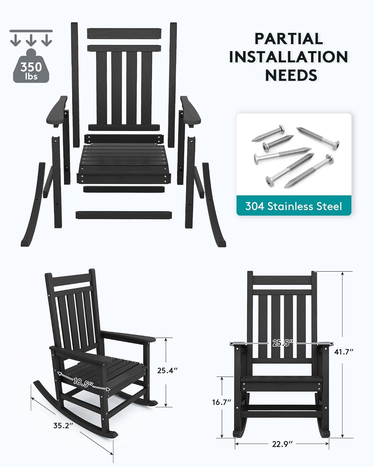 Outdoor Rocking Chair, HDPE Rocking Chair for Adults, All Weather Porch Rockers for Lawn Garden, White
