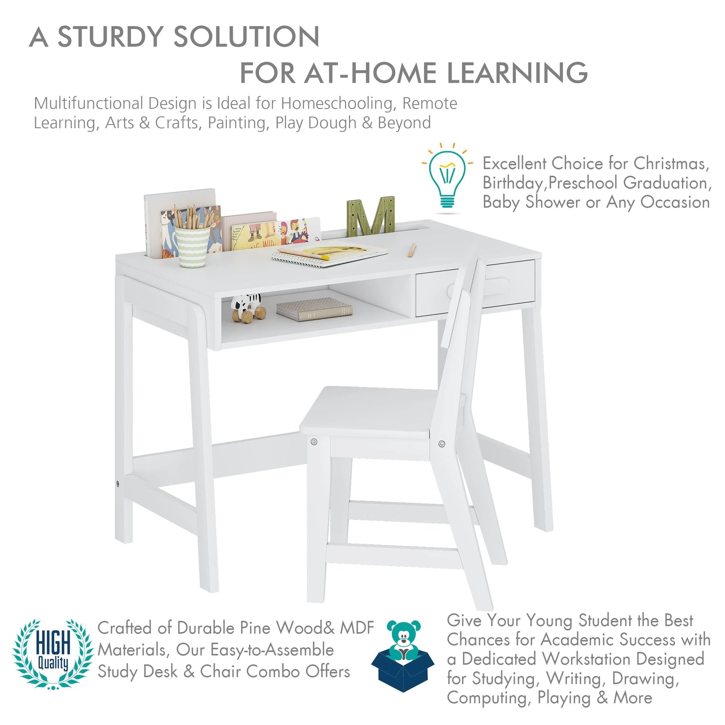 Kids Desk and Chair Set for Kids with Drawers