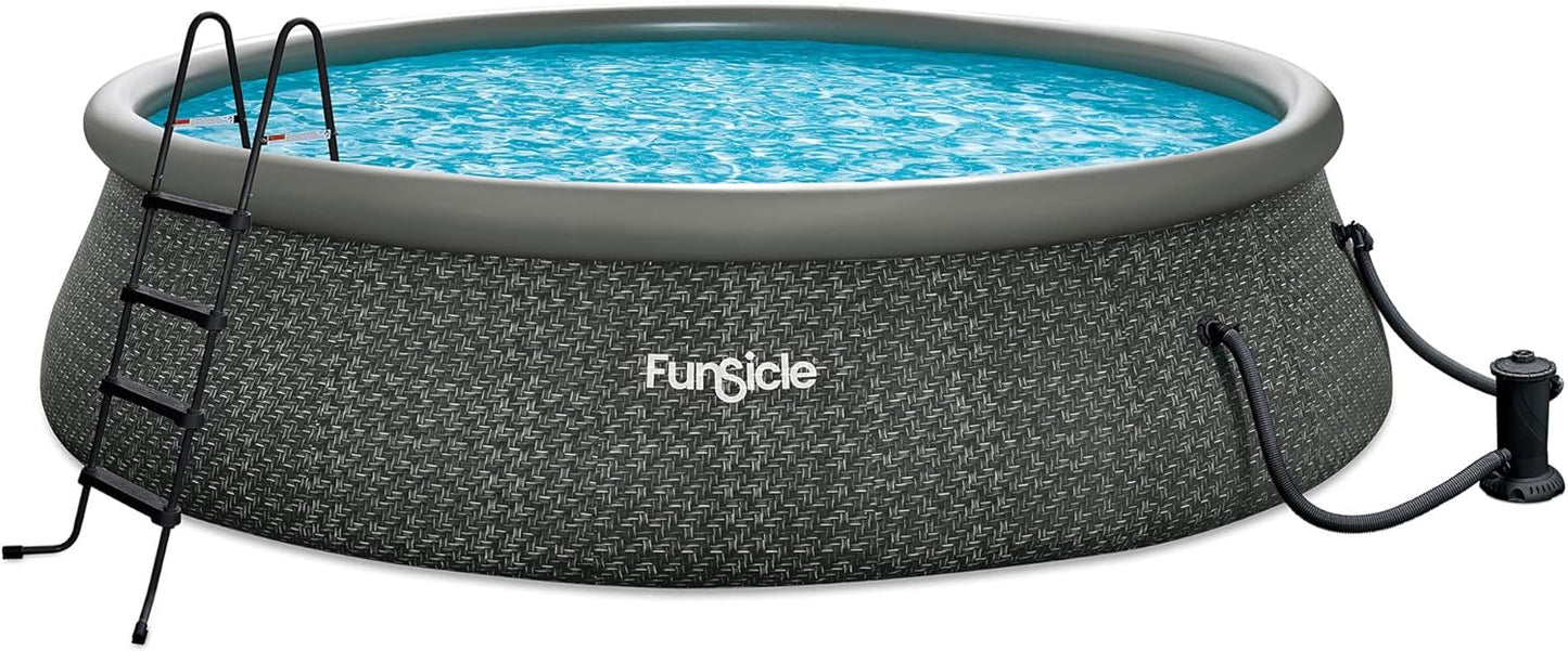 12 Foot by 36 Inch Quickset Round Inflatable Ring Top Outdoor Above Ground Swimming Pool Set with Pump and Cartridge Filter, Dark Herringbone