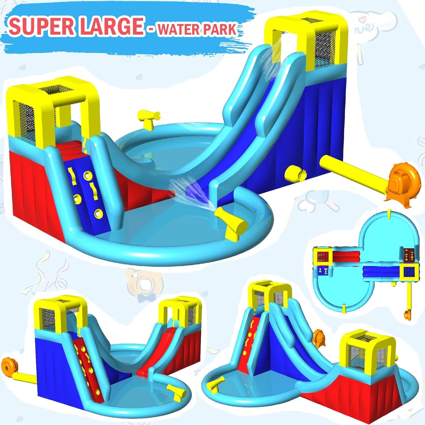 Inflatable Water Slide, 6 in 1 Outdoor Inflatable Water Park with Climbing, Basketball Rim, Splash Pool, Water Cannon, Blow up Water Slides for Kids Backyard