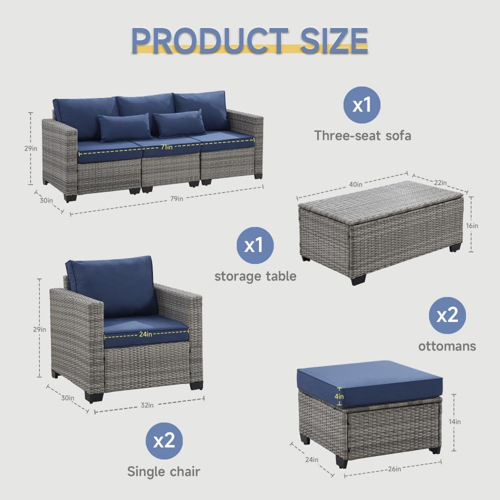 6 Pieces Outdoor Patio Furniture Sets with Furniture Cover, PE Rattan Wicker Patio Conversation Set with Tea Table (Peacock Blue, Rattan Storage Table)