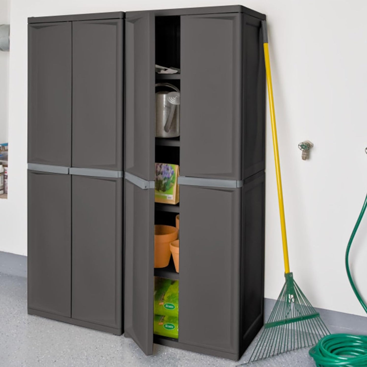 Storage Cabinet, Rugged Plastic Garage Organizer with Double Doors, 4 Adjustable Shelves, Gray