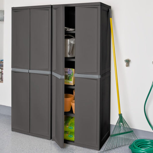 Storage Cabinet, Rugged Plastic Garage Organizer with Double Doors, 4 Adjustable Shelves, Gray