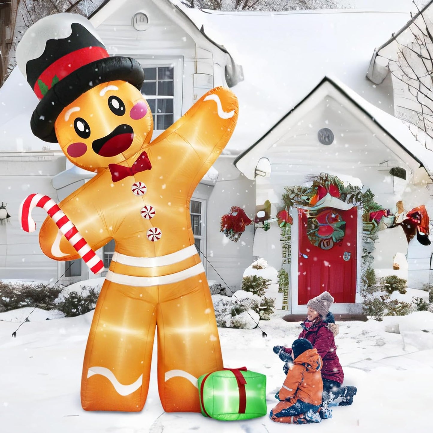 12-foot Christmas inflatable decoration, outdoor decoration, red sugar man, giant inflatable Christmas courtyard decoration, outdoor with 8 LEDs, Christmas inflatable courtyard decoration suitable for outdoor and indoor lawns