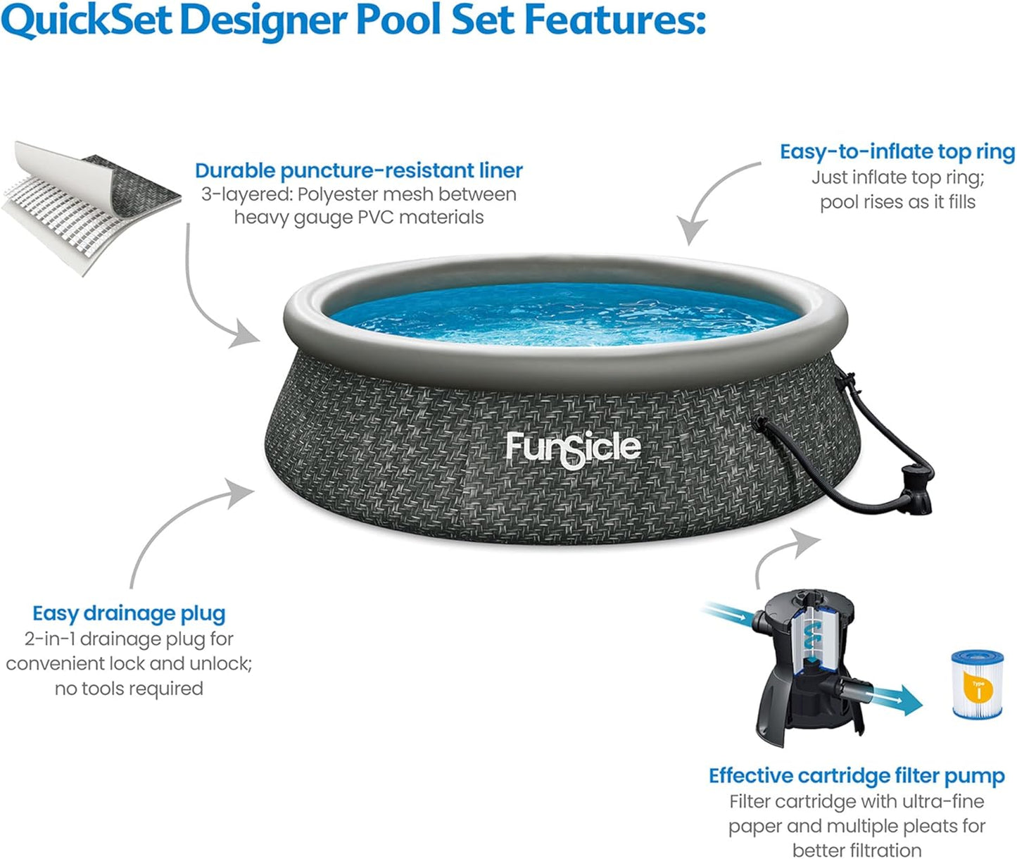 12 Foot by 36 Inch Quickset Round Inflatable Ring Top Outdoor Above Ground Swimming Pool Set with Pump and Cartridge Filter, Dark Herringbone