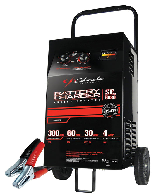 Electric Wheeled Battery Charger and Engine Starter, SC1446, 2-in-1, manual timer control, 300 crank amps, 6 volts, 12 volts, for car, SUV, truck and Marine batteries
