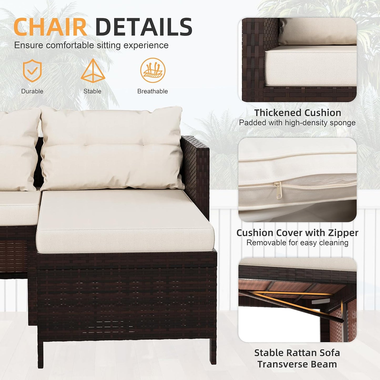 Outdoor Patio Furniture Sets, Wicker Patio sectional Sets 3-Piece, All Weather Wicker Rattan Patio Seating Sofas with Glass Coffee Table and Cushion (Beige)