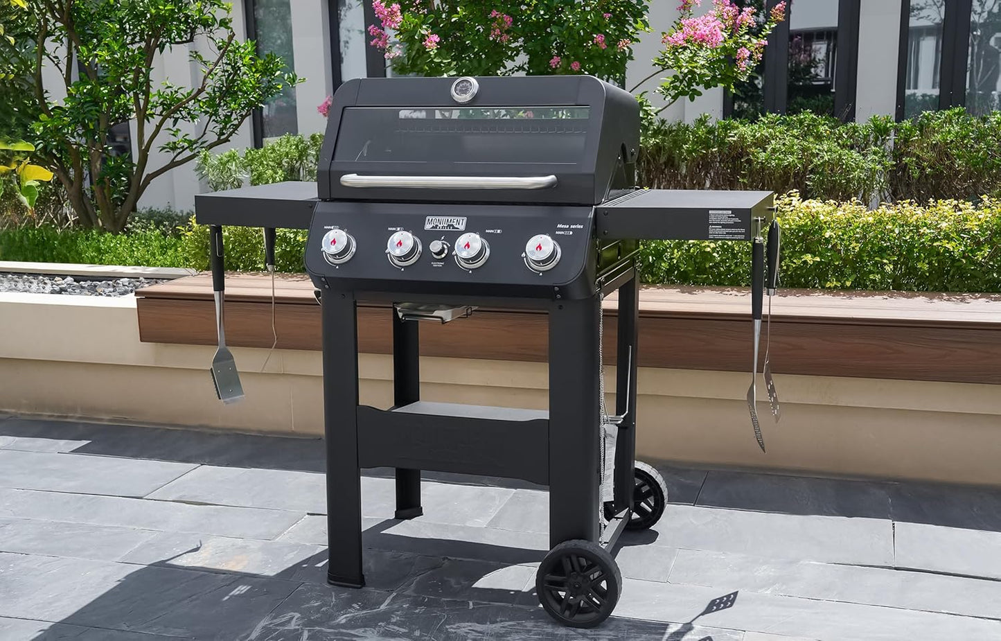 Grills 4-Burner Liquid Propane Gas Grill, Silver Stainless Steel Grill Outdoor Patio Garden Barbecue Grill with Clearview庐 Lid and One Foldable Shelf, Mesa400MF
