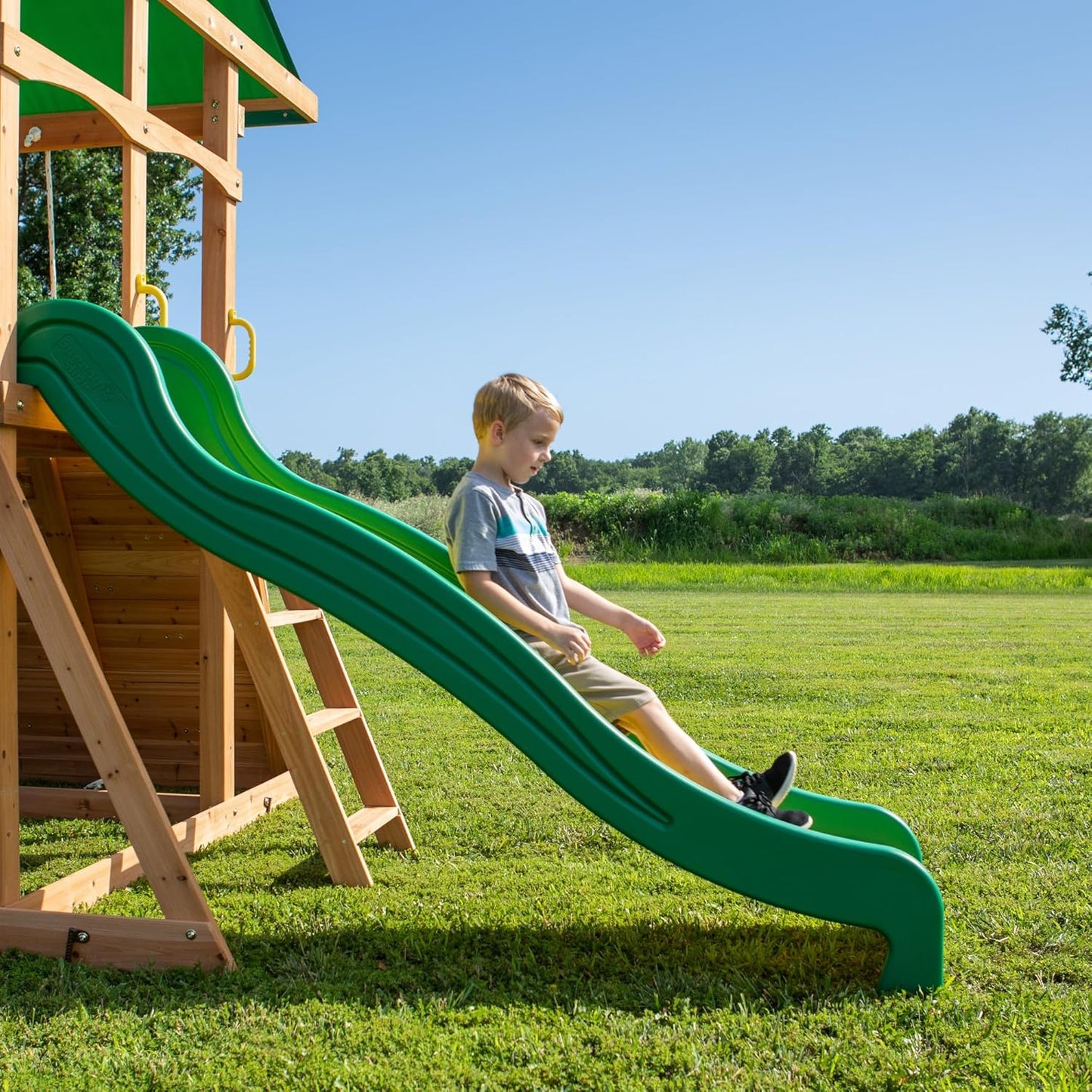 Cedar Wood Swing Set with Wave Slide, Play Deck, Double Rock Wall, Rope Ladder, Web Swing, Belt Swings, Toy Telescope, Steering Wheel, Sandbox Area, Outdoor Playset