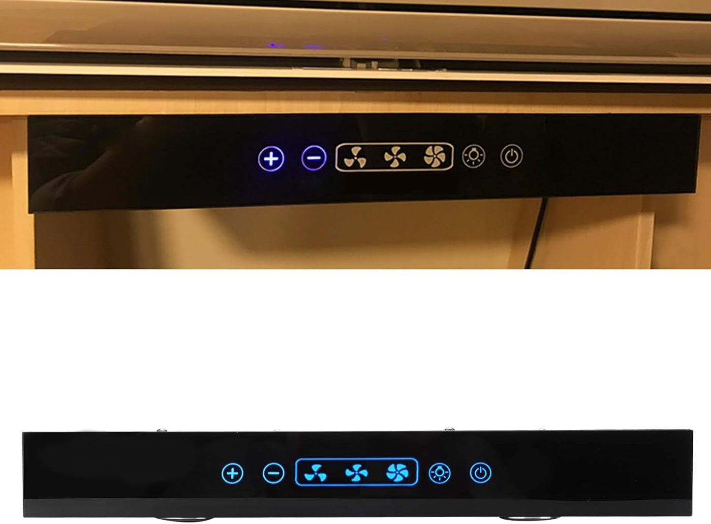 12V high-pressure gas oven exhaust fan, small cooking exhaust fan, three-speed adjustment, with touch screen LED light, portable kitchen stove exhaust hood, non-pipe type stove exhaust device, suitable for campers, trailers and yachts.