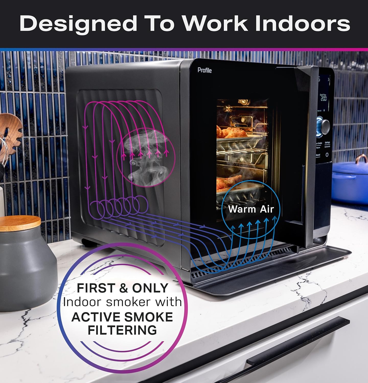 Smart Indoor Pellet Smoker, with Active Smoke Filtration, 5 Smoke Control Settings, WiFi Connected, Electric, Countertop BBQ Appliance, Black