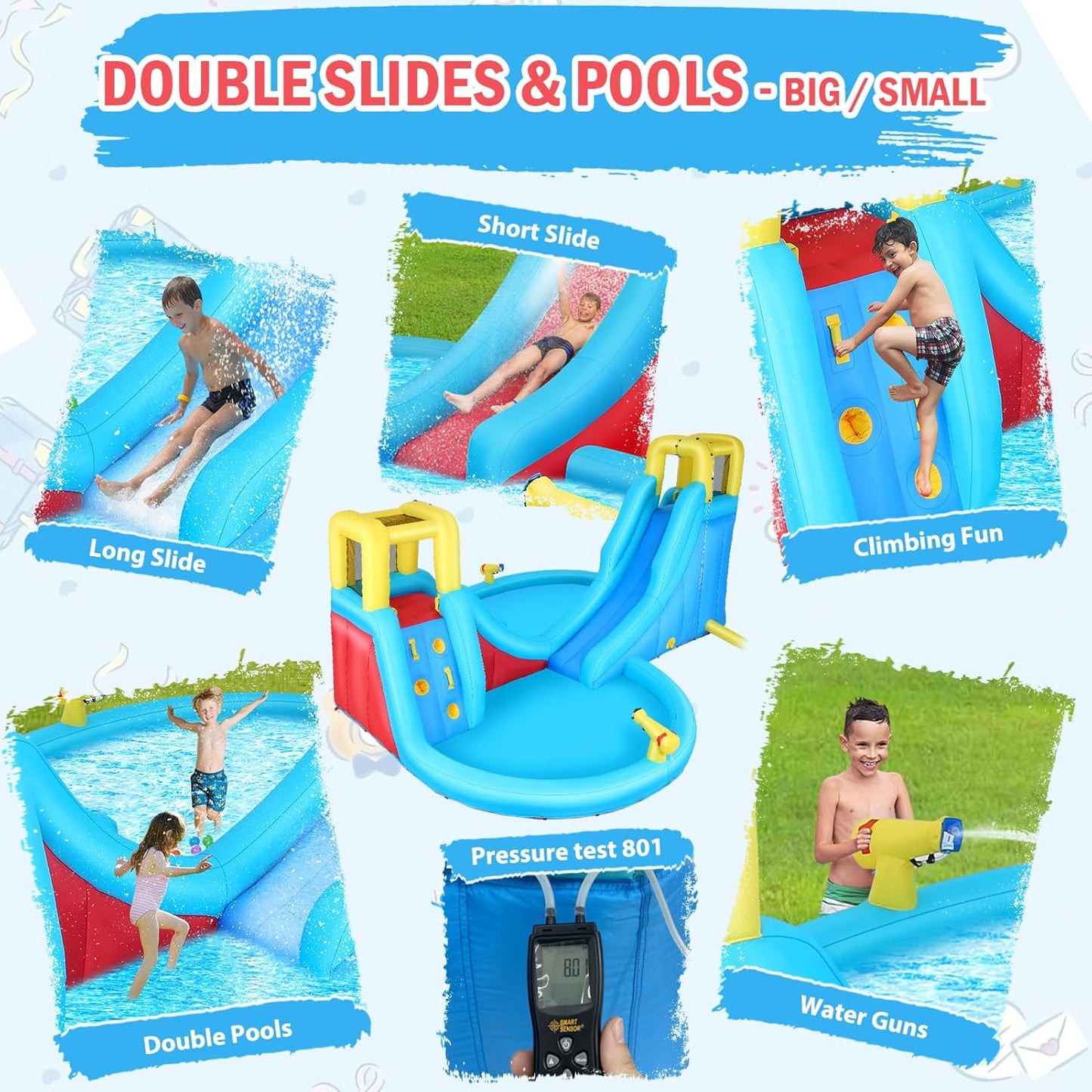 Inflatable Water Slide, 6 in 1 Outdoor Inflatable Water Park with Climbing, Basketball Rim, Splash Pool, Water Cannon, Blow up Water Slides for Kids Backyard