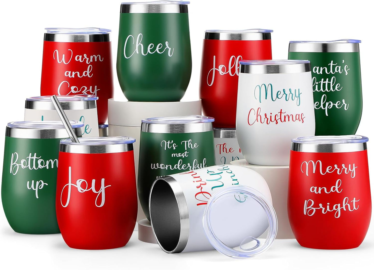12-piece Christmas wine glass set, 12-ounce stainless steel double-layer vacuum insulated coffee cup without handle, with lid, straw, brush, suitable for women and men as gifts for travel (description)